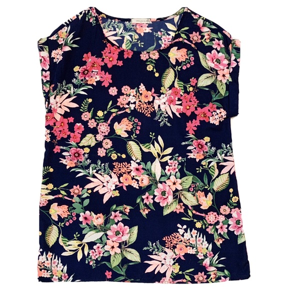 12 Pm By Mon Ami Tops - 12PM By Mon Ami Navy Bright Floral Pattern Blouse